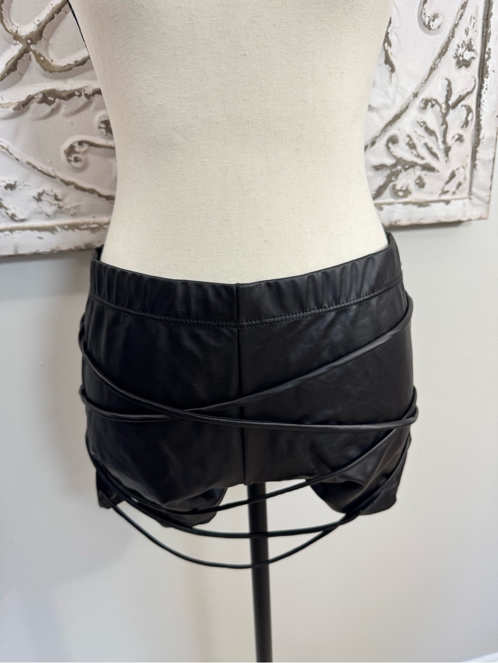 Fashion Nova L Strappy But Classy Black Faux Leather Shorts Strappy Cutout NWT